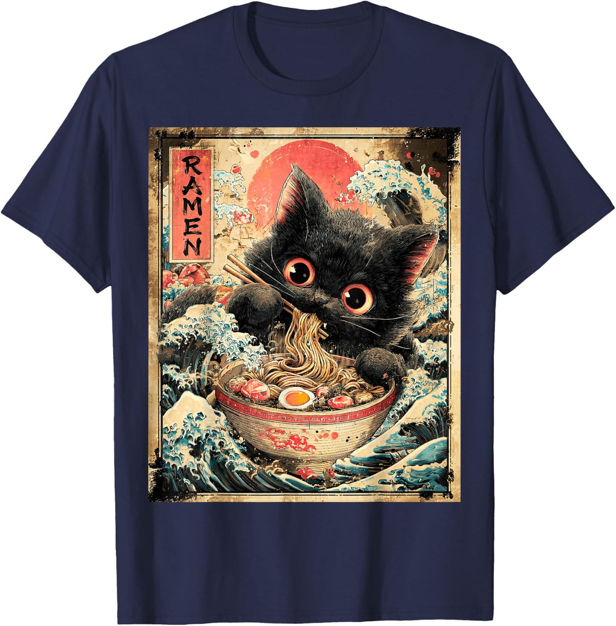 Funny Ramen Cat Noodle Lovers Anime Otaku T-Shirt - Navy Blue