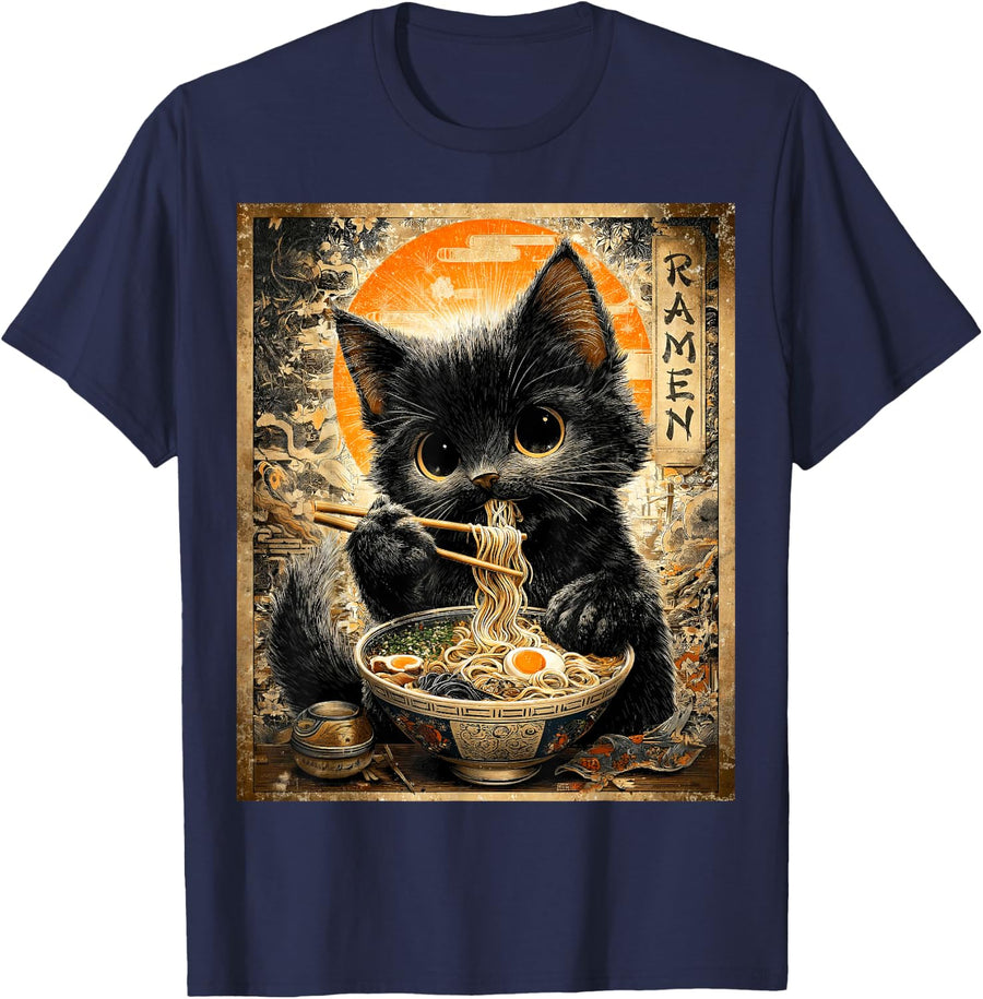 Funny Ramen Cat Noodle Lovers Anime Otaku Tees T-Shirts for Men Women - Navy Blue