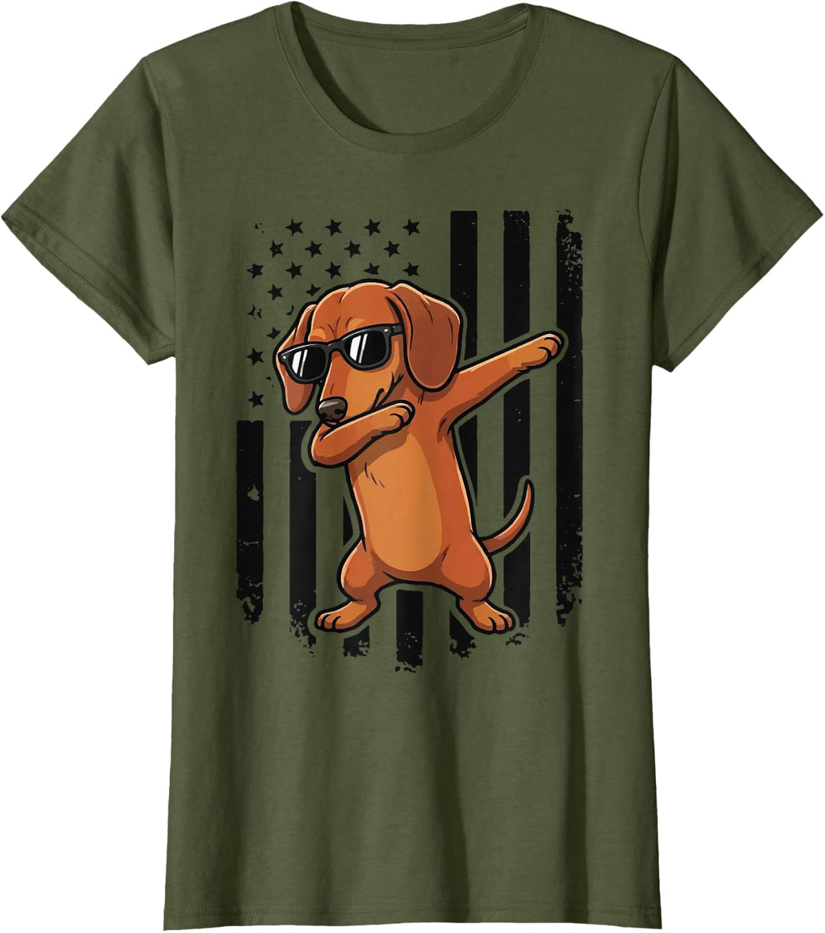 Dachshund Dabbing USA Flag Wiener Dog America T-Shirt - Olive Green