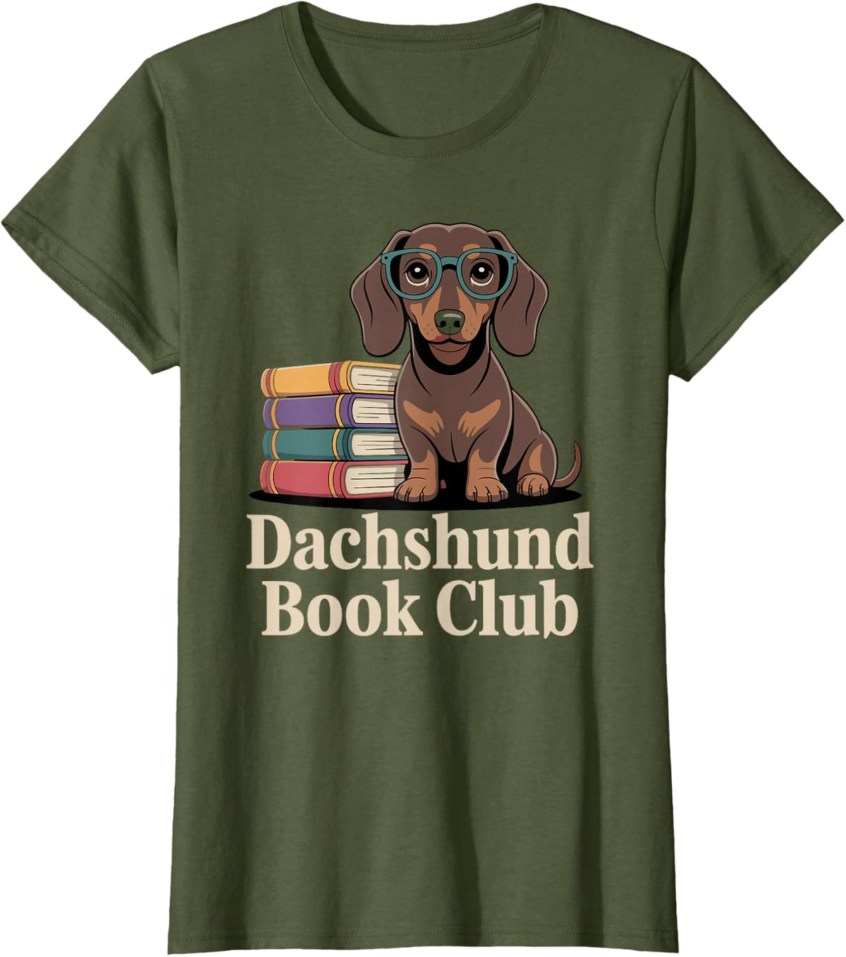 Dachshund Book Club Reading Wiener Dog T-Shirt - Olive Green