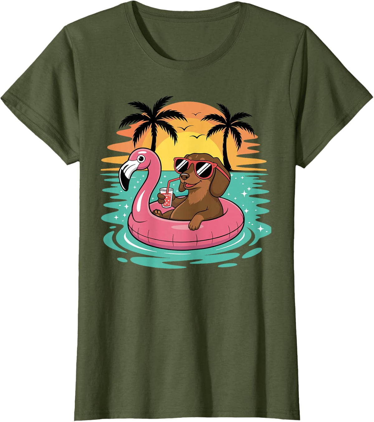 Funny Dachshund Dog Hawaiian Dachshund Float Beach Summer T-Shirt - Olive Green