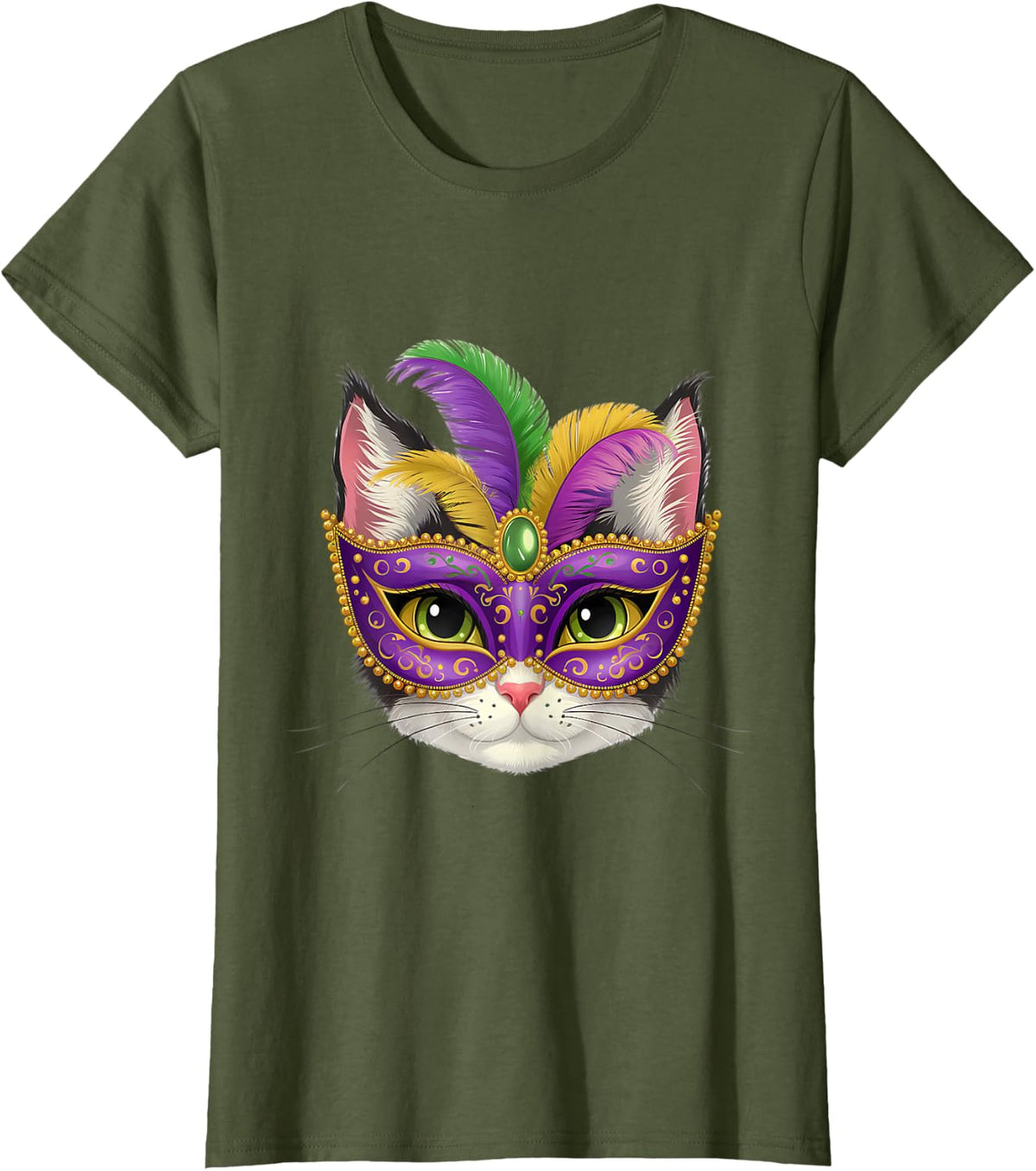 Cat Mardi Gras New Orleans Louisiana Carnival Cat Lover Men Women Kids T-Shirt - Olive Green