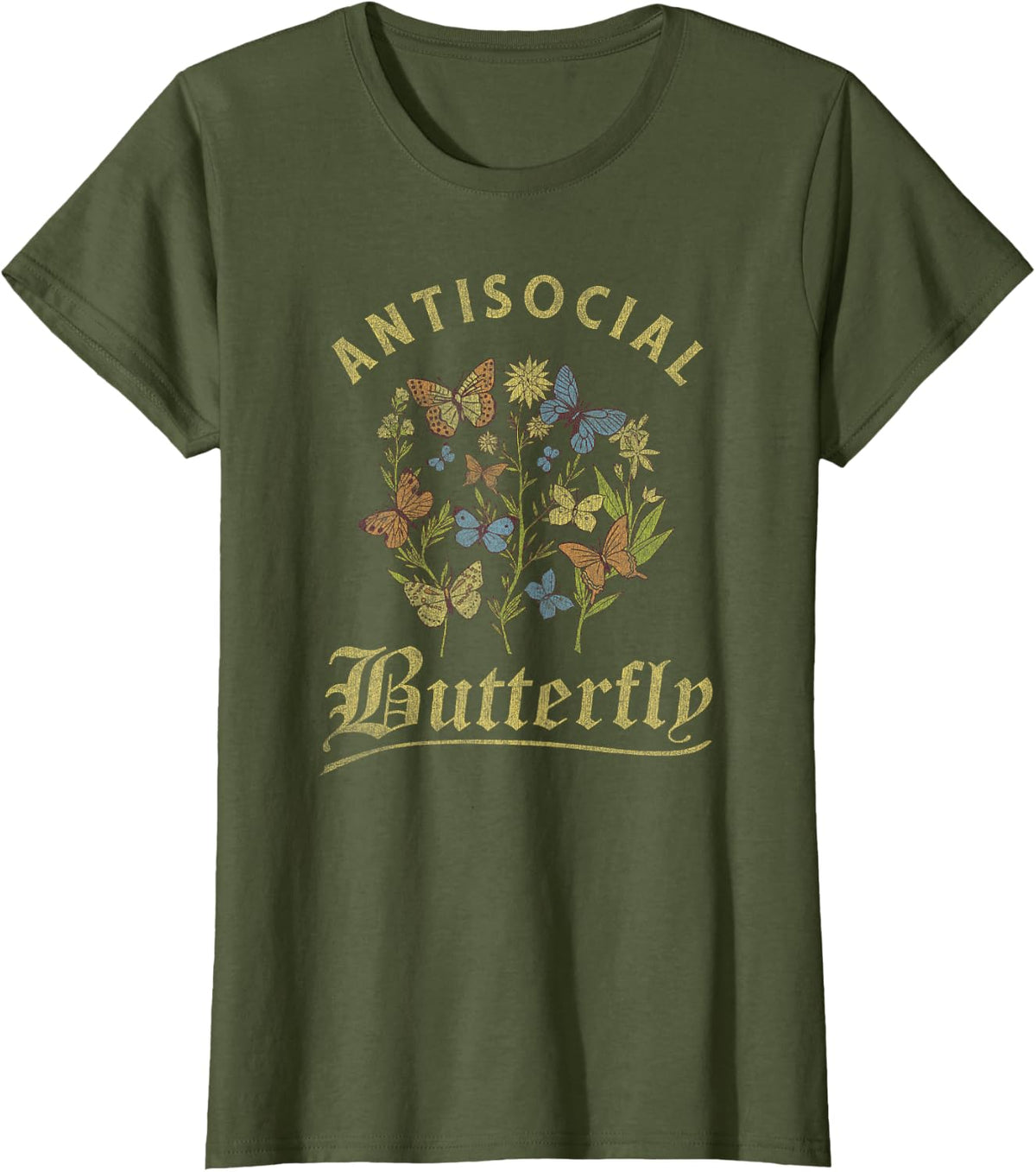 Antisocial Butterfly Fairy Grunge Fairycore Y2K Aesthetic T-Shirt - Olive Green
