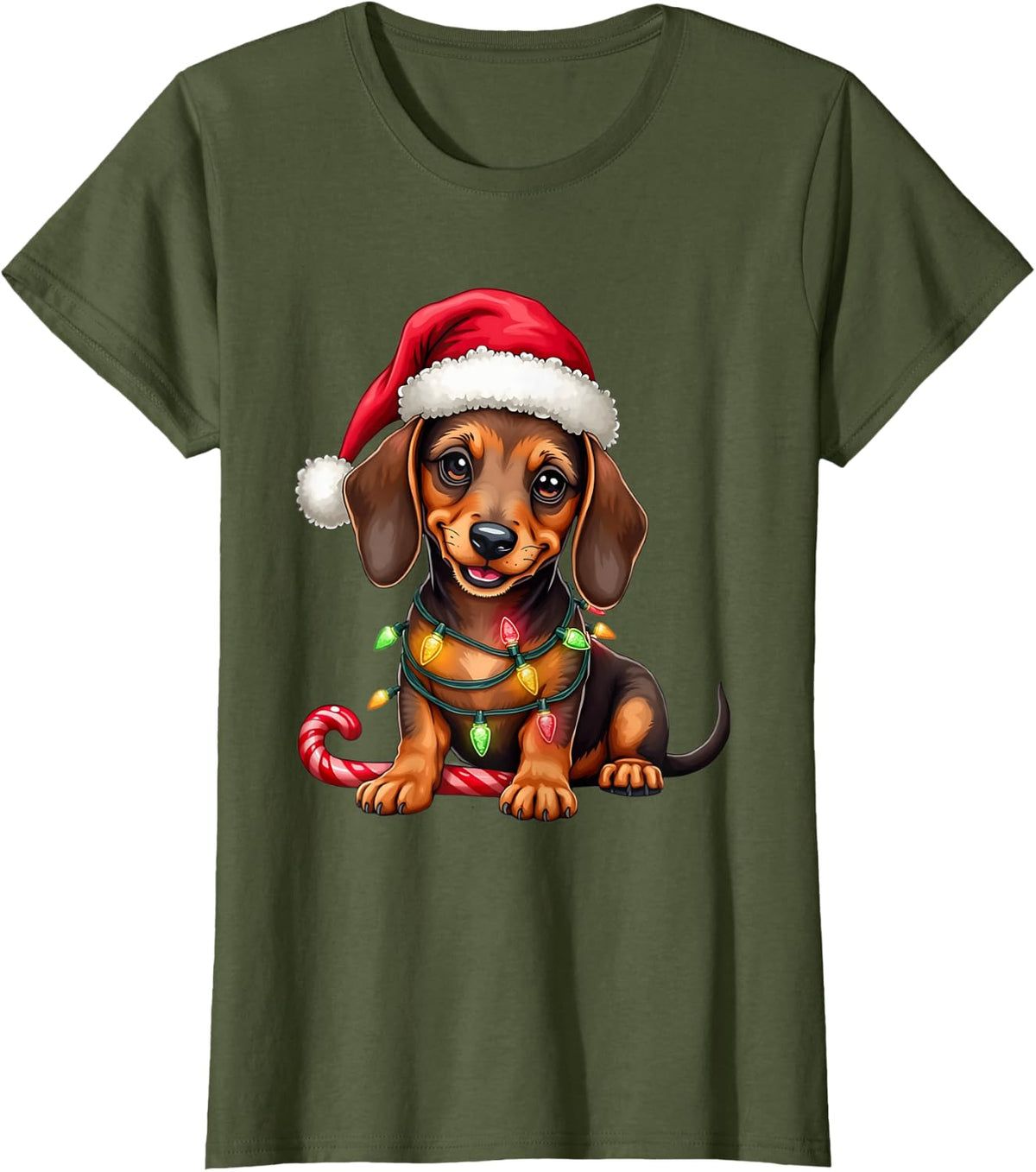 Christmas Dachshund Lights Xmas Dog Lover Xmas Pajama Men Women Kids T-Shirt - Olive Green
