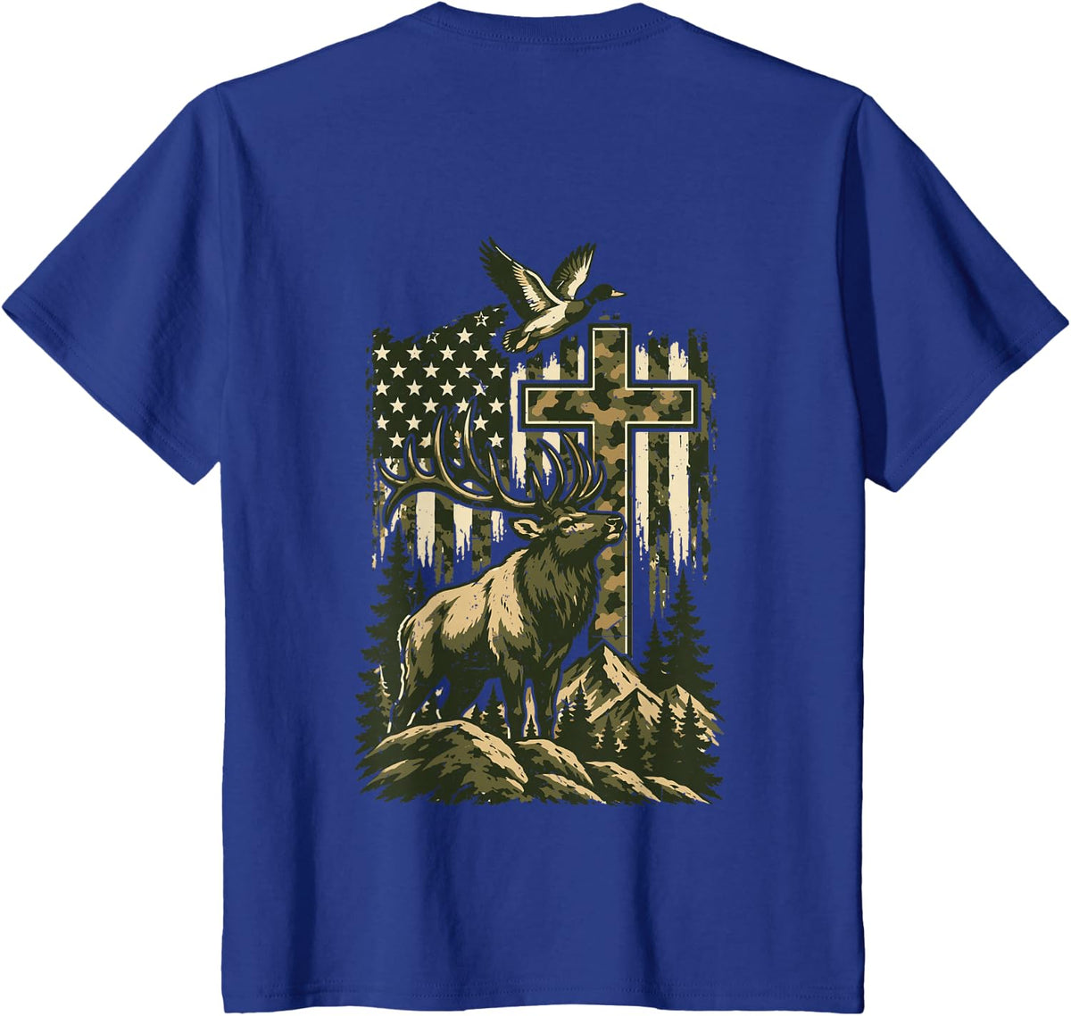 Boy Camo Deer Hunting American Flag Cross Mallard Duck Youth T-Shirt - Royal Blue