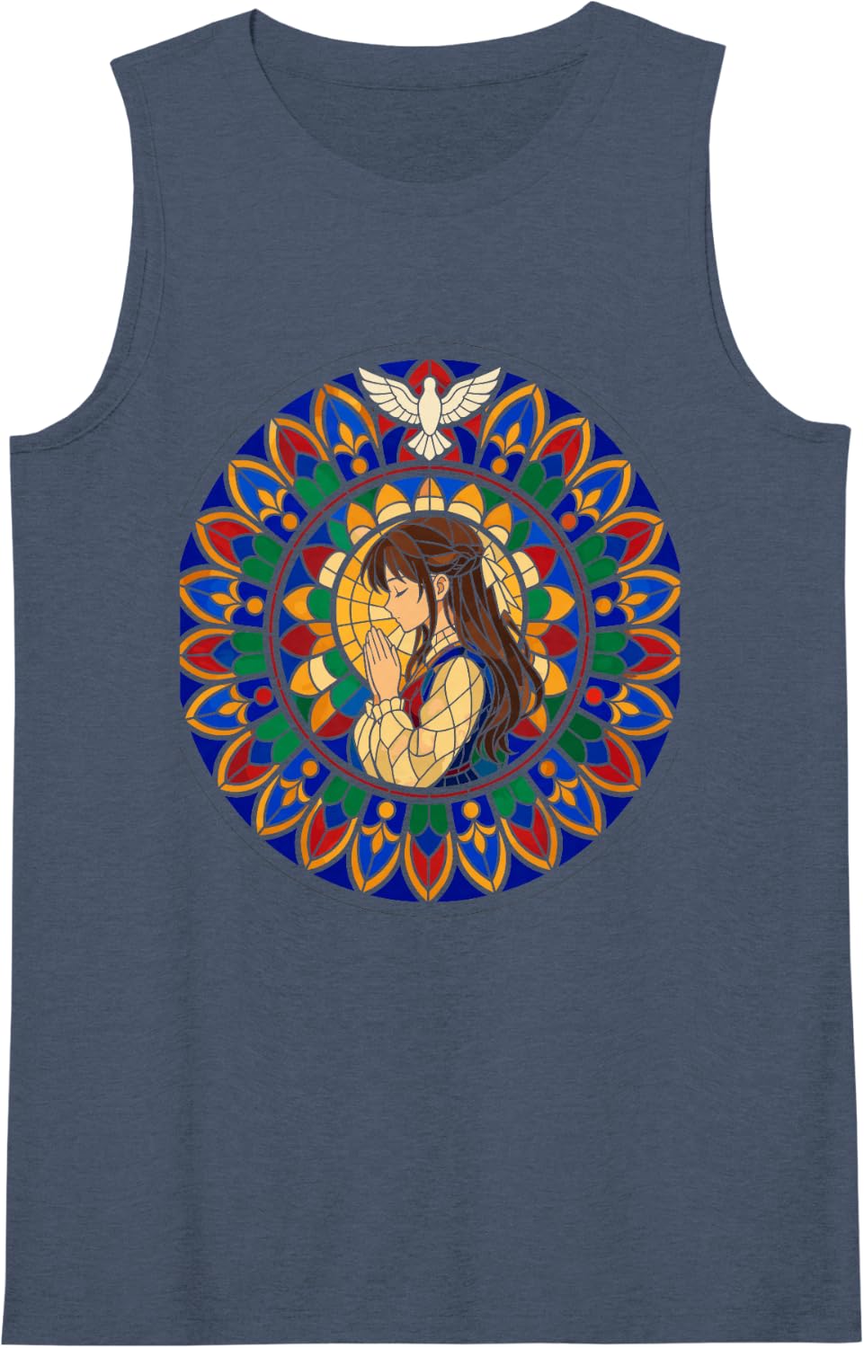 Women's Christian Anime Girl Church Rose Window Sleeveless Tank Top - Navy Blue