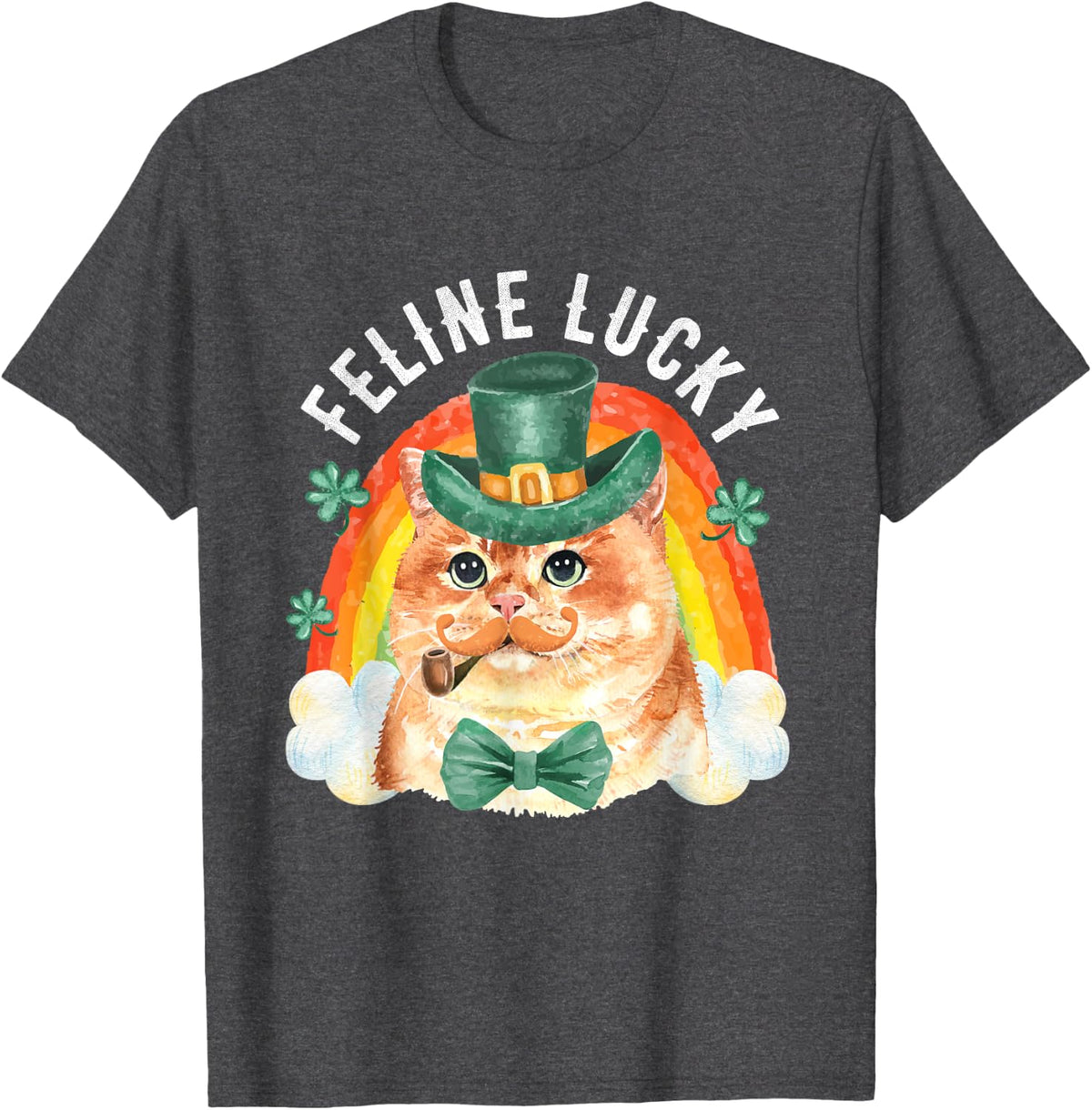 Feline Lucky St Patricks Day Funny Leprechaun Cat Rainbow T-Shirt - Dark Heather Grey