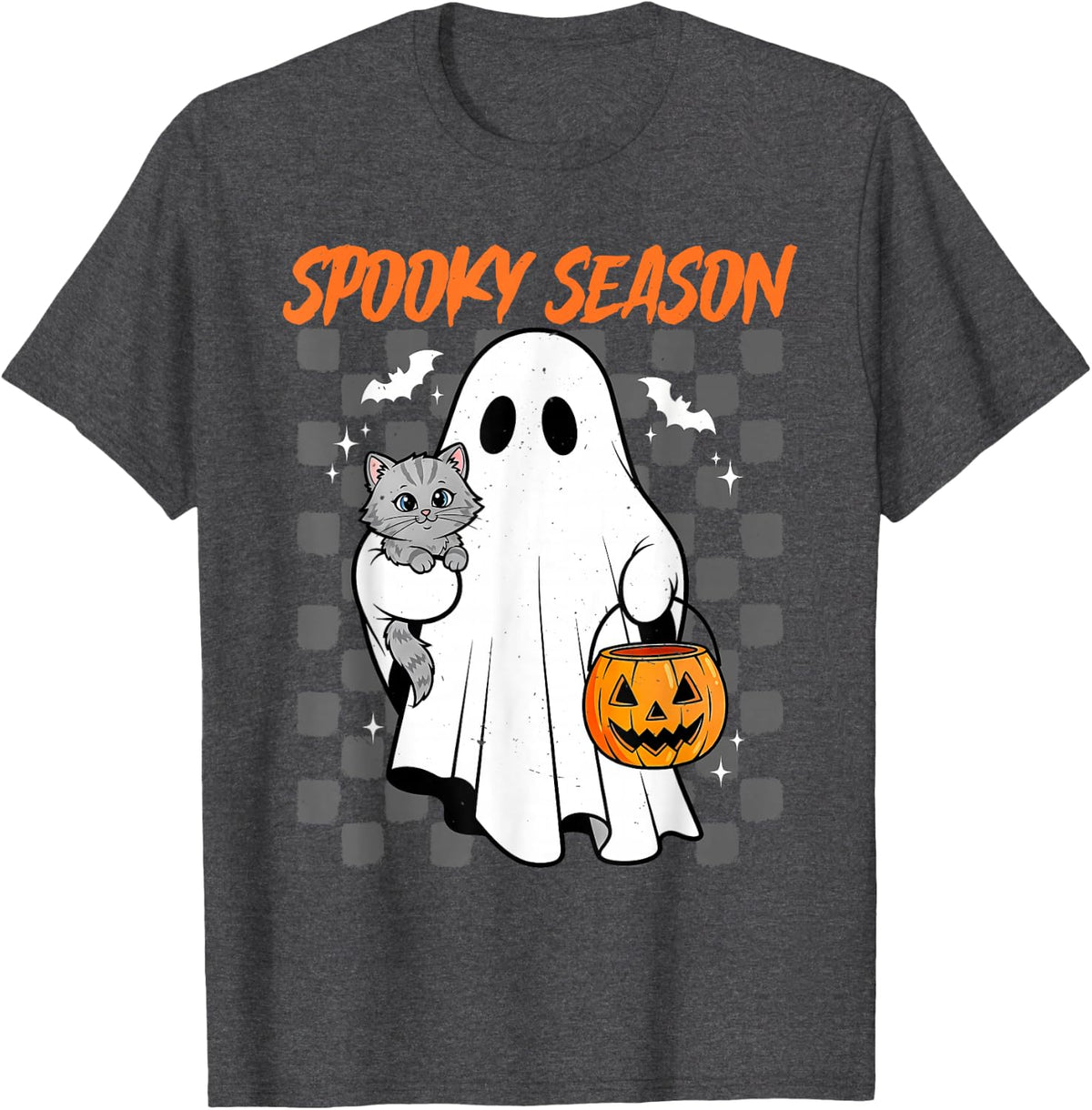 Spooky Season Ghost Cat Halloween Cute Pumpkin Funny T-Shirt - Dark Heather Grey