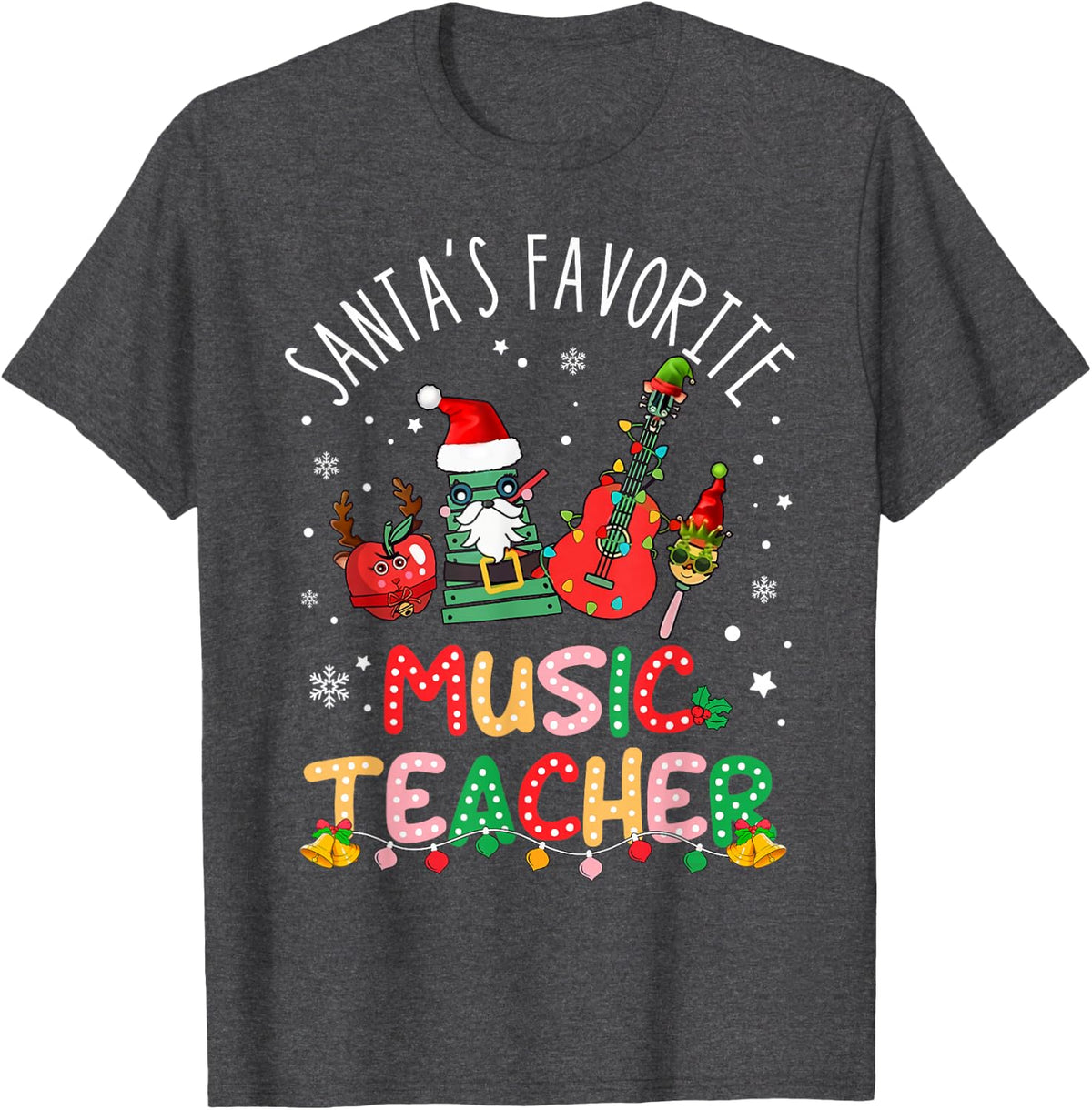 Santa's Favorite Music Teacher Christmas Santa Hat Matching T-Shirt - Dark Heather Grey