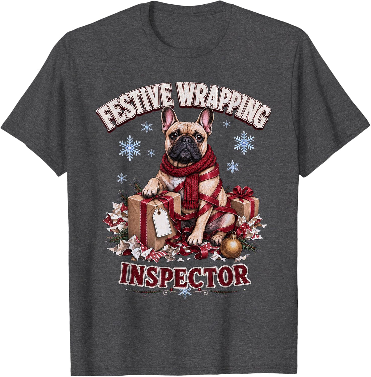 Festive Wrapping Inspector Funny French Bulldog Christmas T-Shirt - Dark Heather Grey