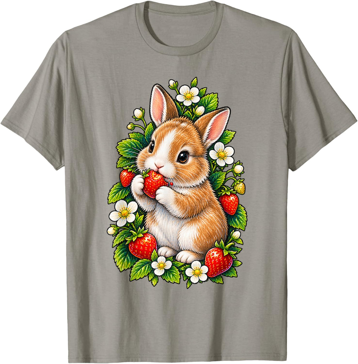 Rabbit with Strawberry and Blossoms T-Shirt - Slate Grey