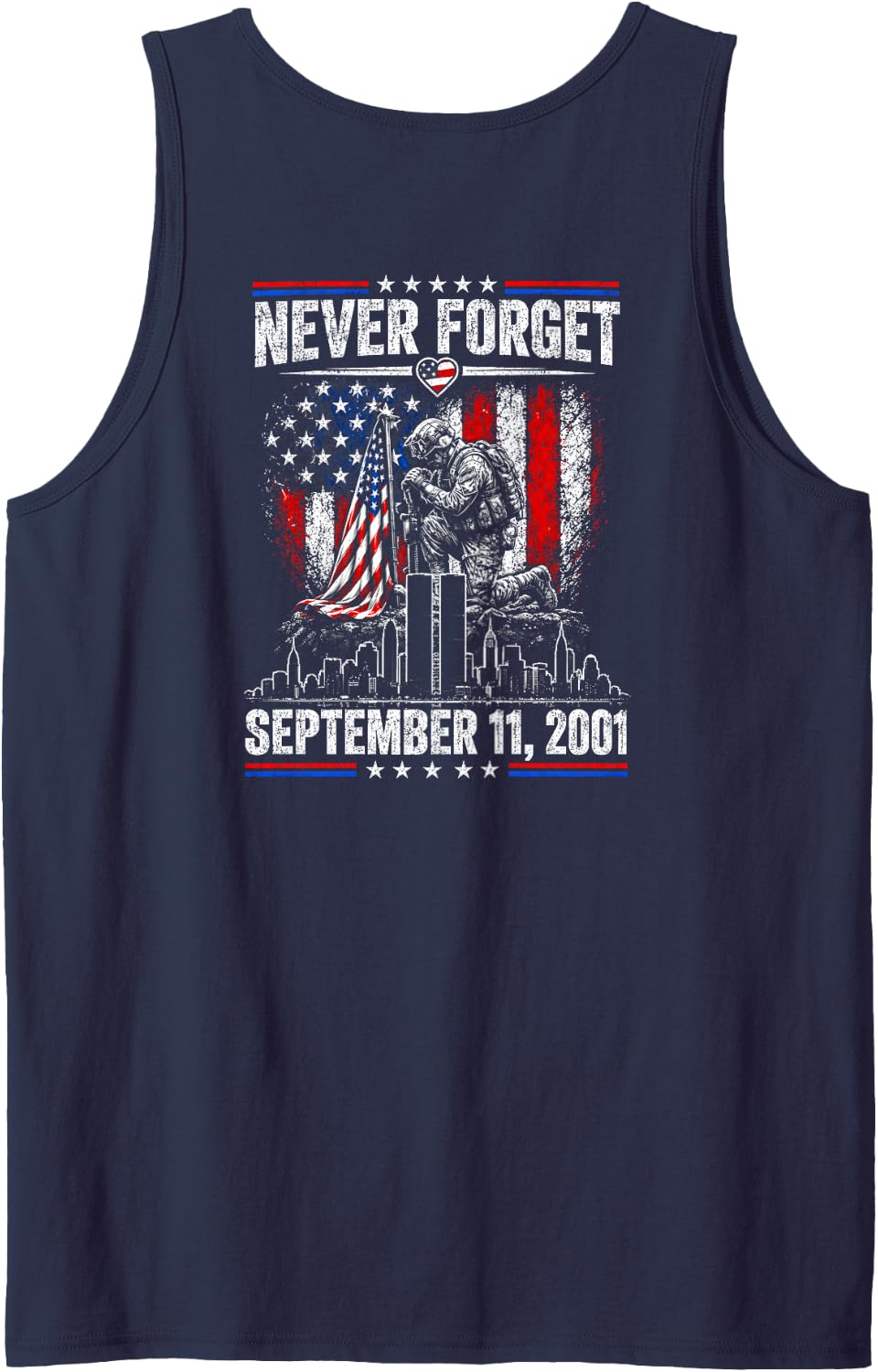 Never Forget September 11 2001 Memorial Day American Flag Sleeveless Tank Top - Navy Blue
