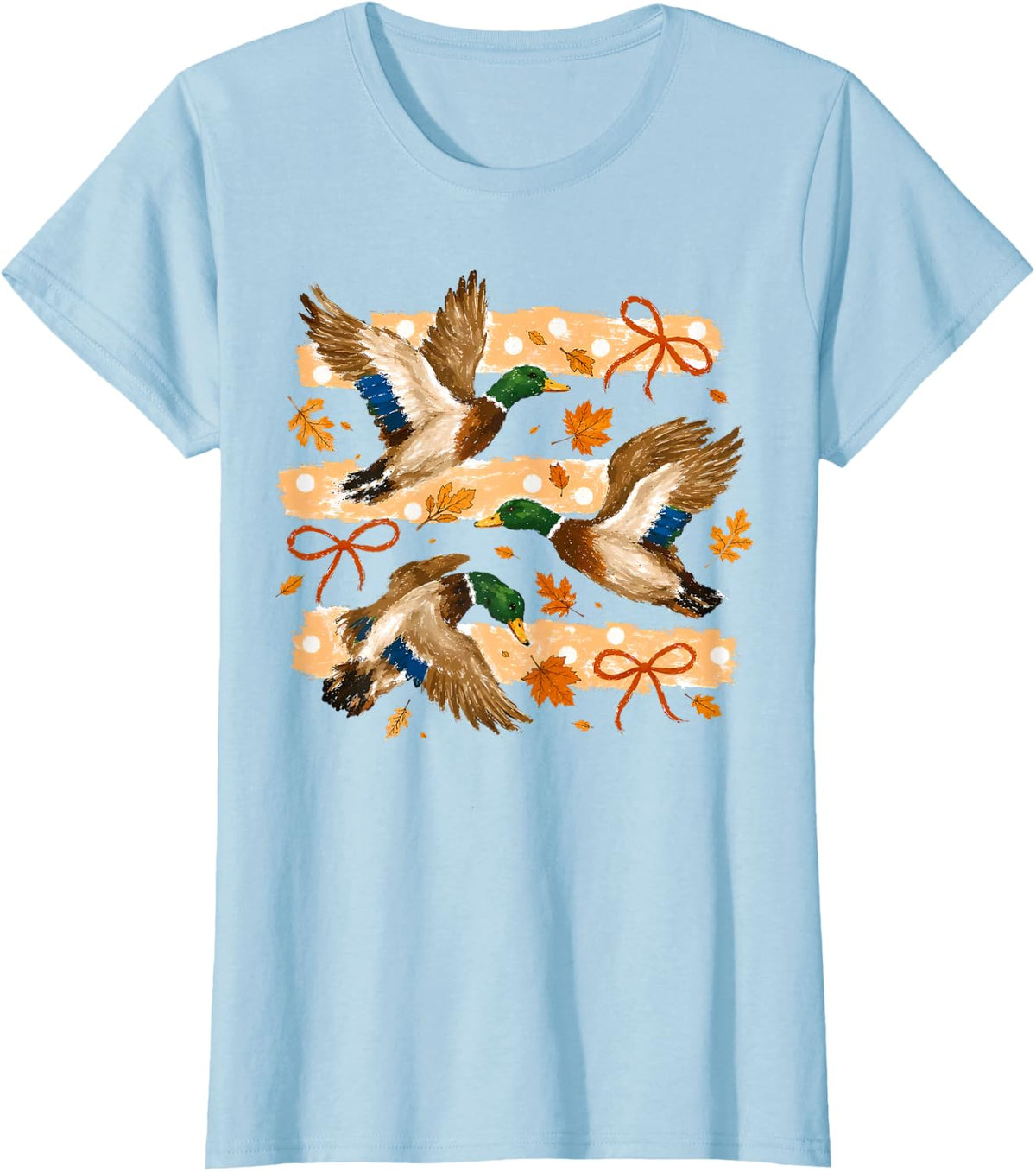 Fall Coquette Bow Striped Flying Mallard Duck Hunting Season T-Shirt - Baby Blue