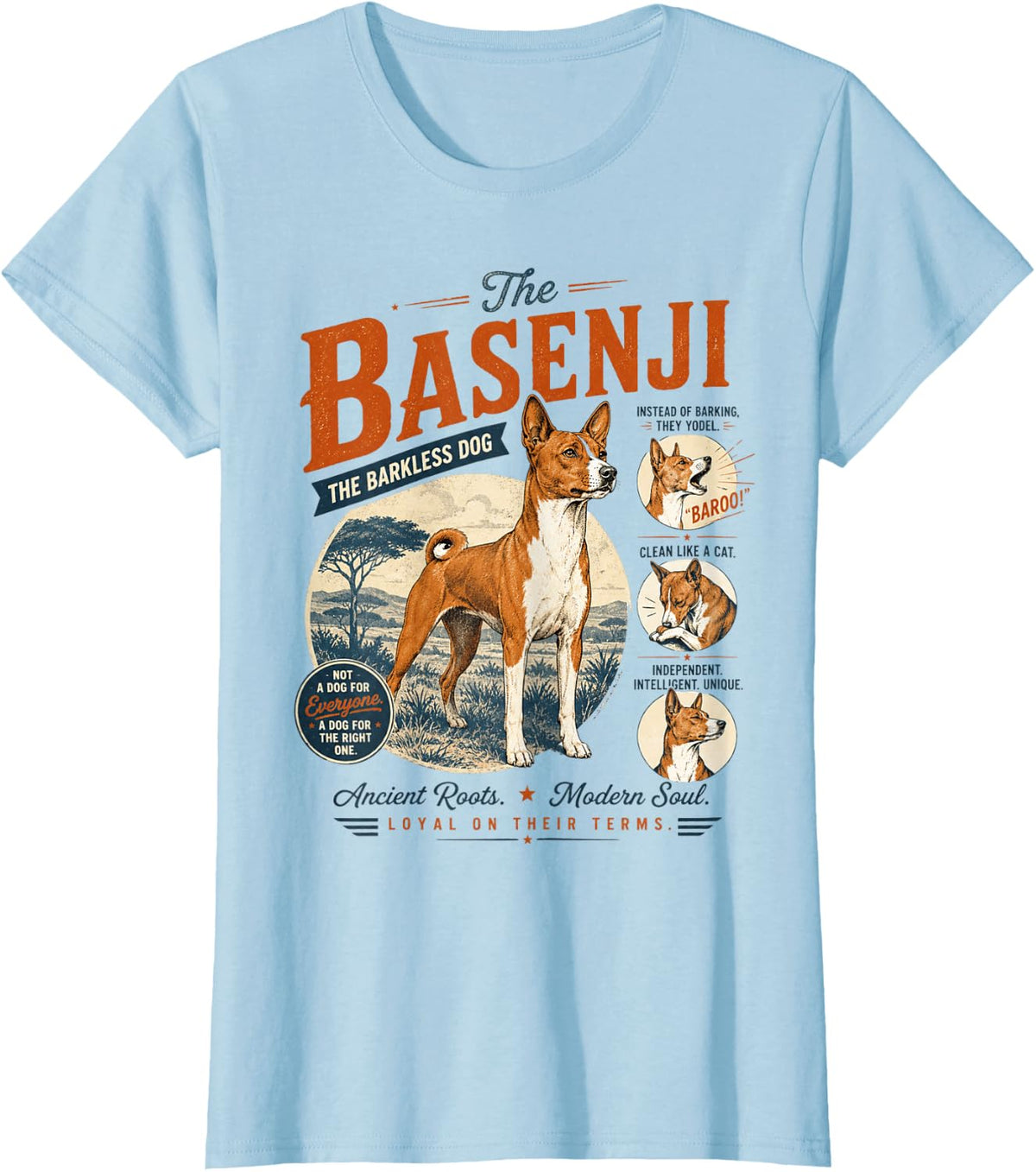 Vintage Basenji The Barkless Dog Retro Yodel Pet Lover T-Shirt - Baby Blue