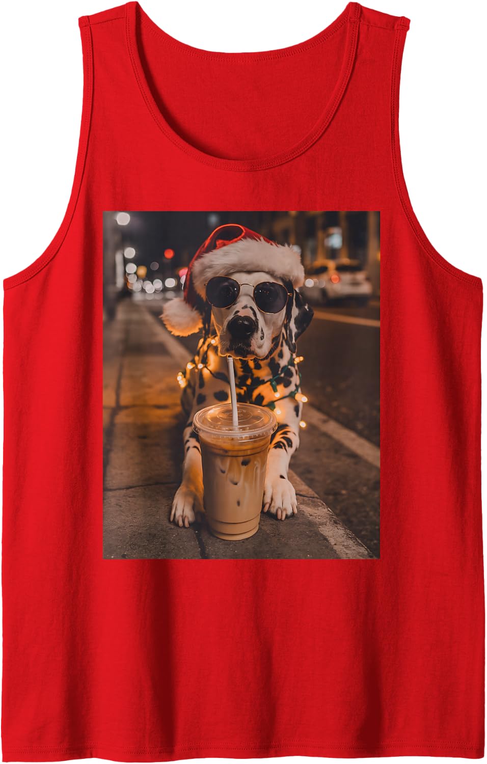 Dalmatian Drinking Iced Coffee Santa Dog Lovers Christmas Sleeveless Tank Top - Red
