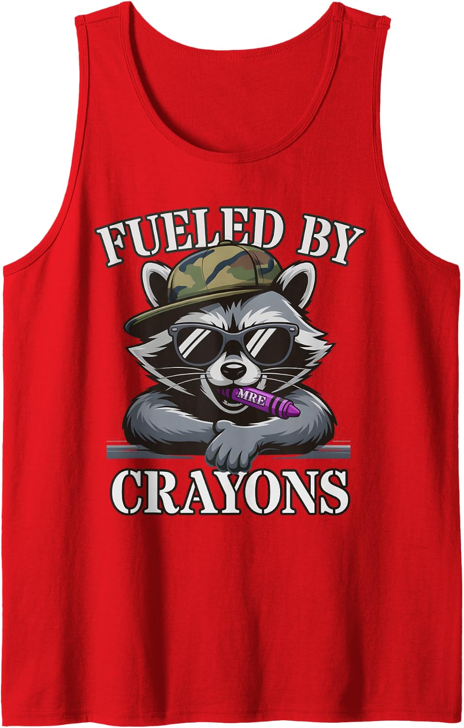 Funny Fueled BY Crayons Military Corps Raccoon Officer Meme Sleeveless Tank Top - Red