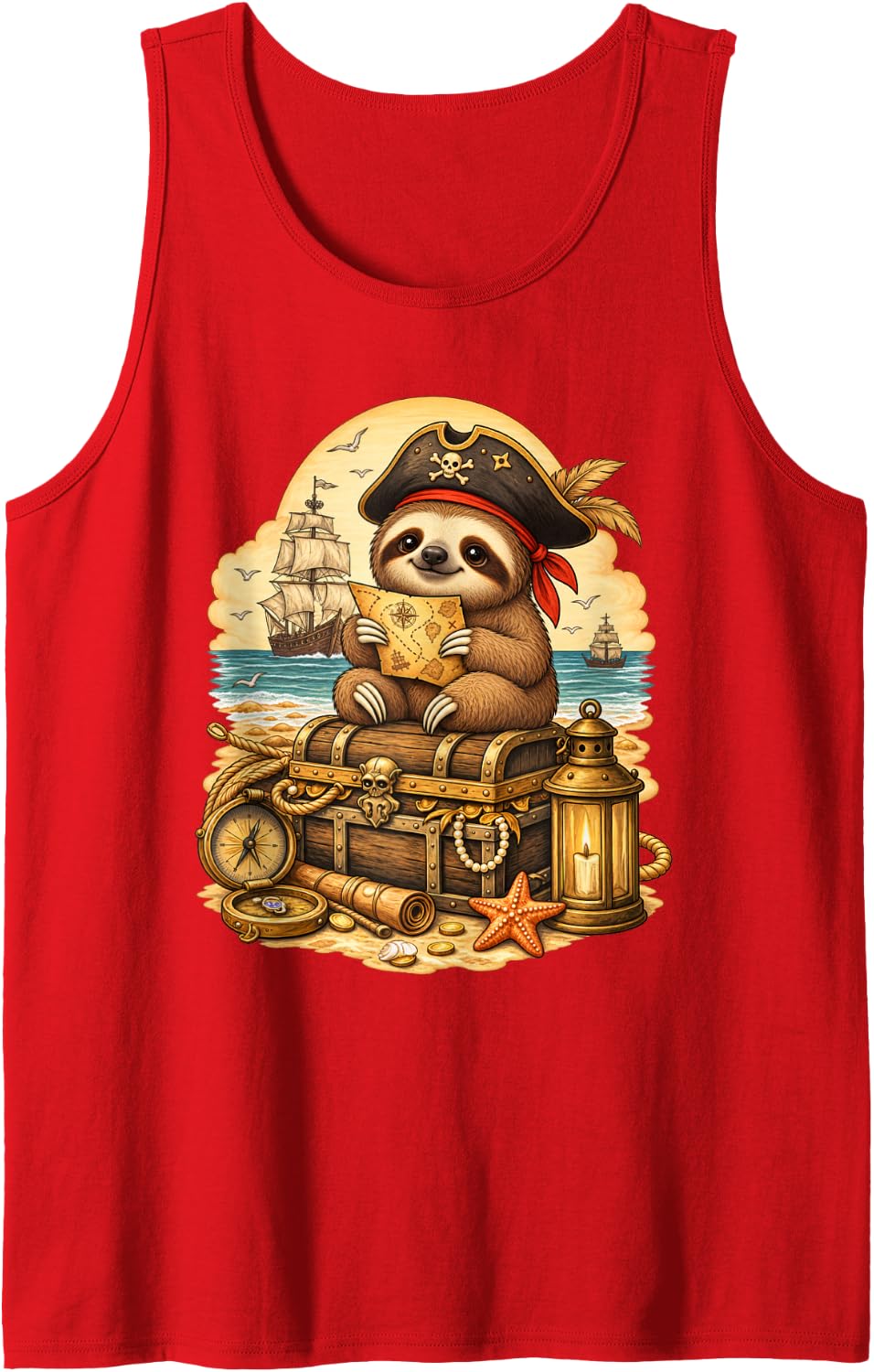 Sloth Dressed As A Pirate Funny Halloween Sleeveless Tank Top - Red
