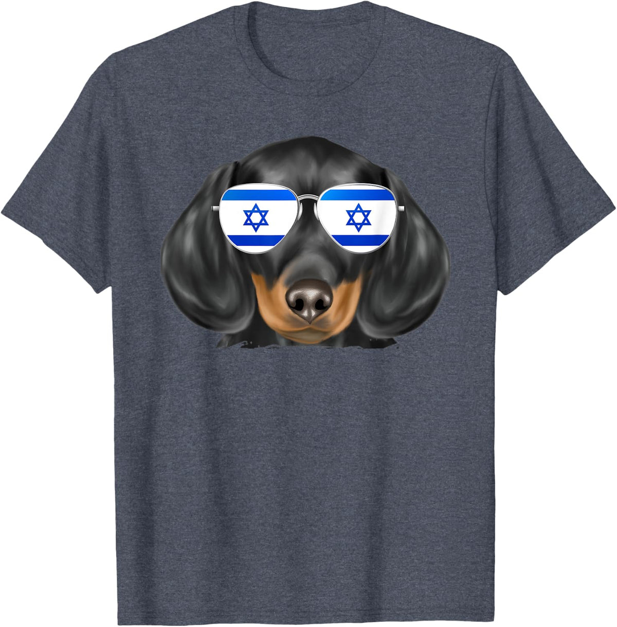 Black Dachshund Dog Israel Flag Sunglasses T-Shirt - Heather Blue