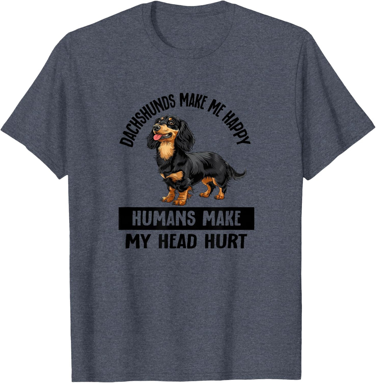 Funny Happy Black Long Haired Dachshund Lover Tee T-Shirt For Men And Women - Heather Blue