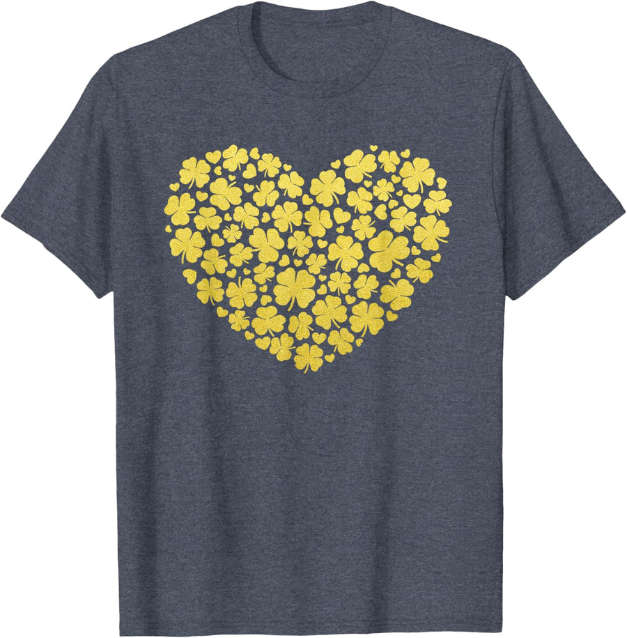 Gold Shamrock Heart St Patrick's Day T-Shirt - Heather Blue