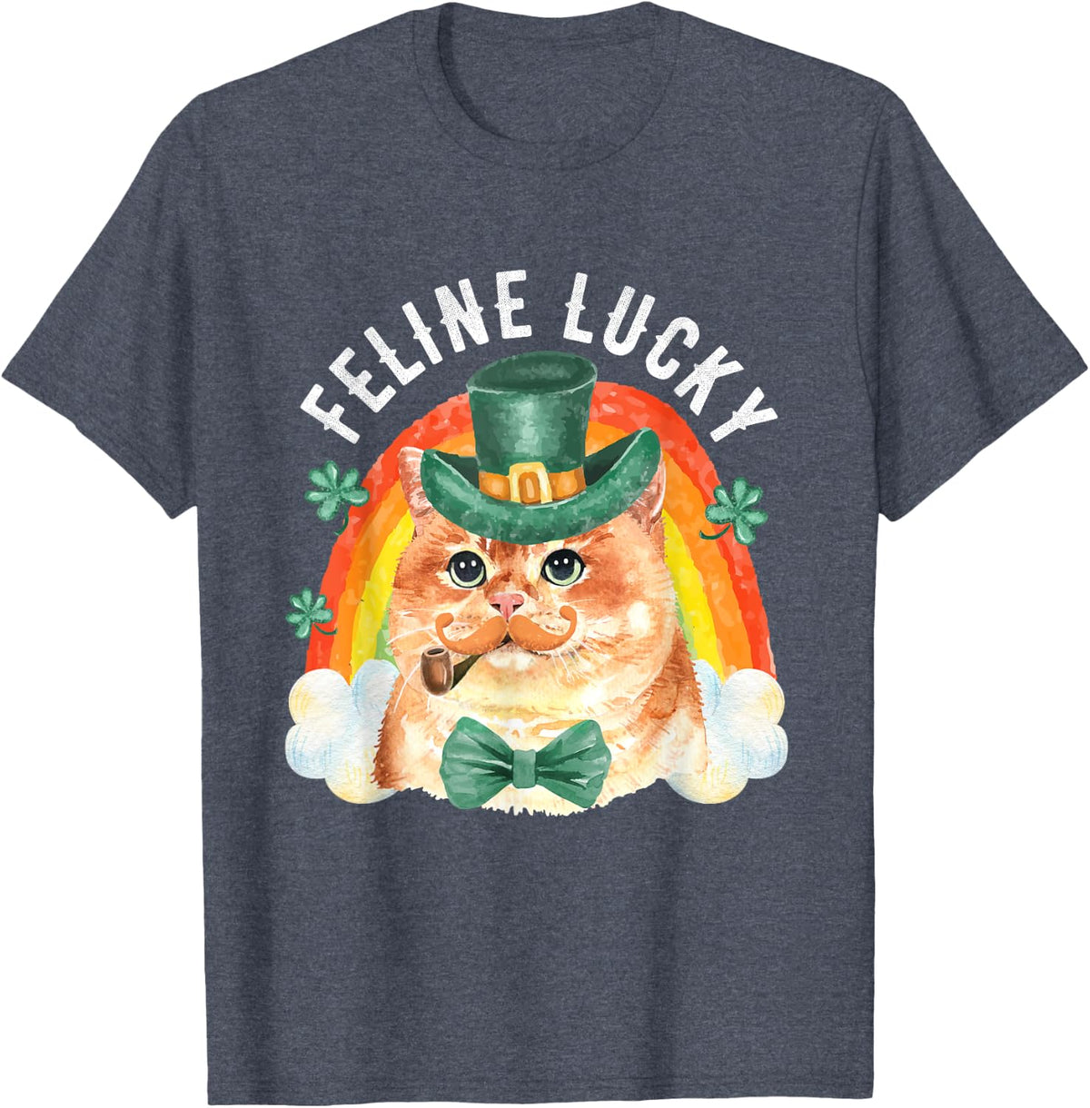 Feline Lucky St Patricks Day Funny Leprechaun Cat Rainbow T-Shirt - Heather Blue