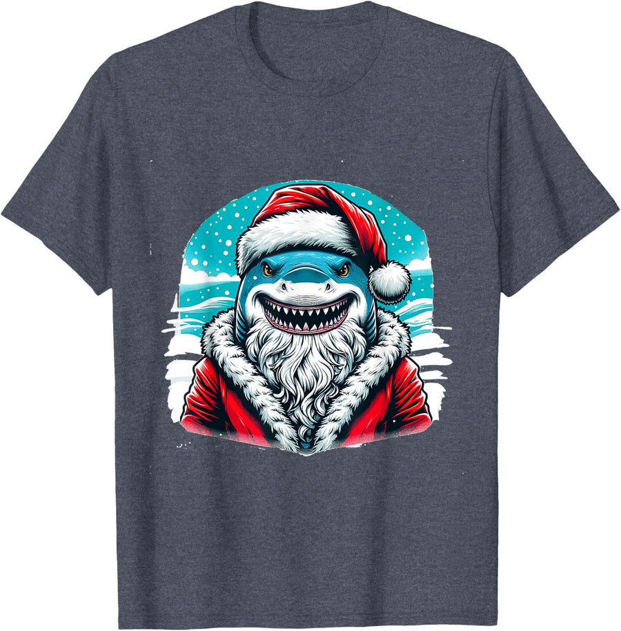 Santa Jaws Christmas Shark Holiday Pun T-Shirt - Heather Blue