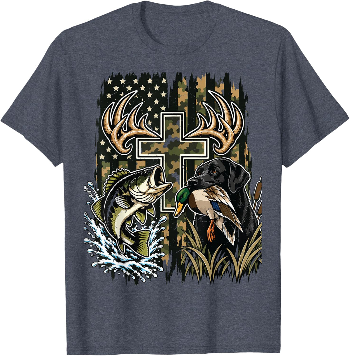 Youth Camo Duck Hunting Dog Black Lab Bass Fish Cross Faith T-Shirt - Heather Blue