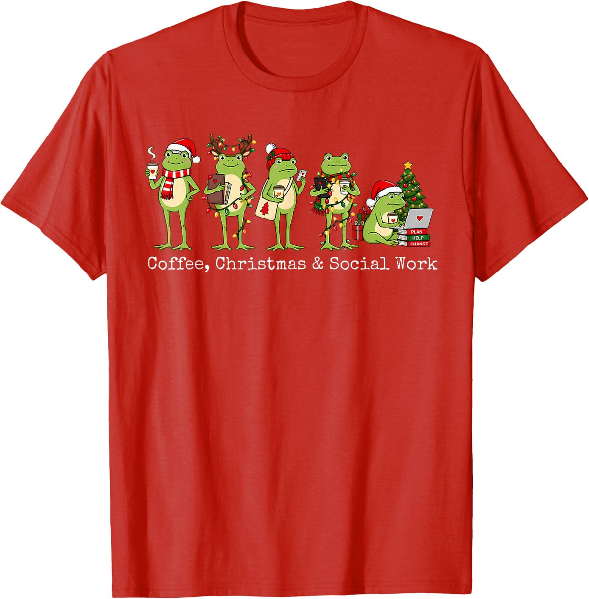 Social Work Frog Xmas Lights Social Worker Coffee Christmas T-Shirt - Red
