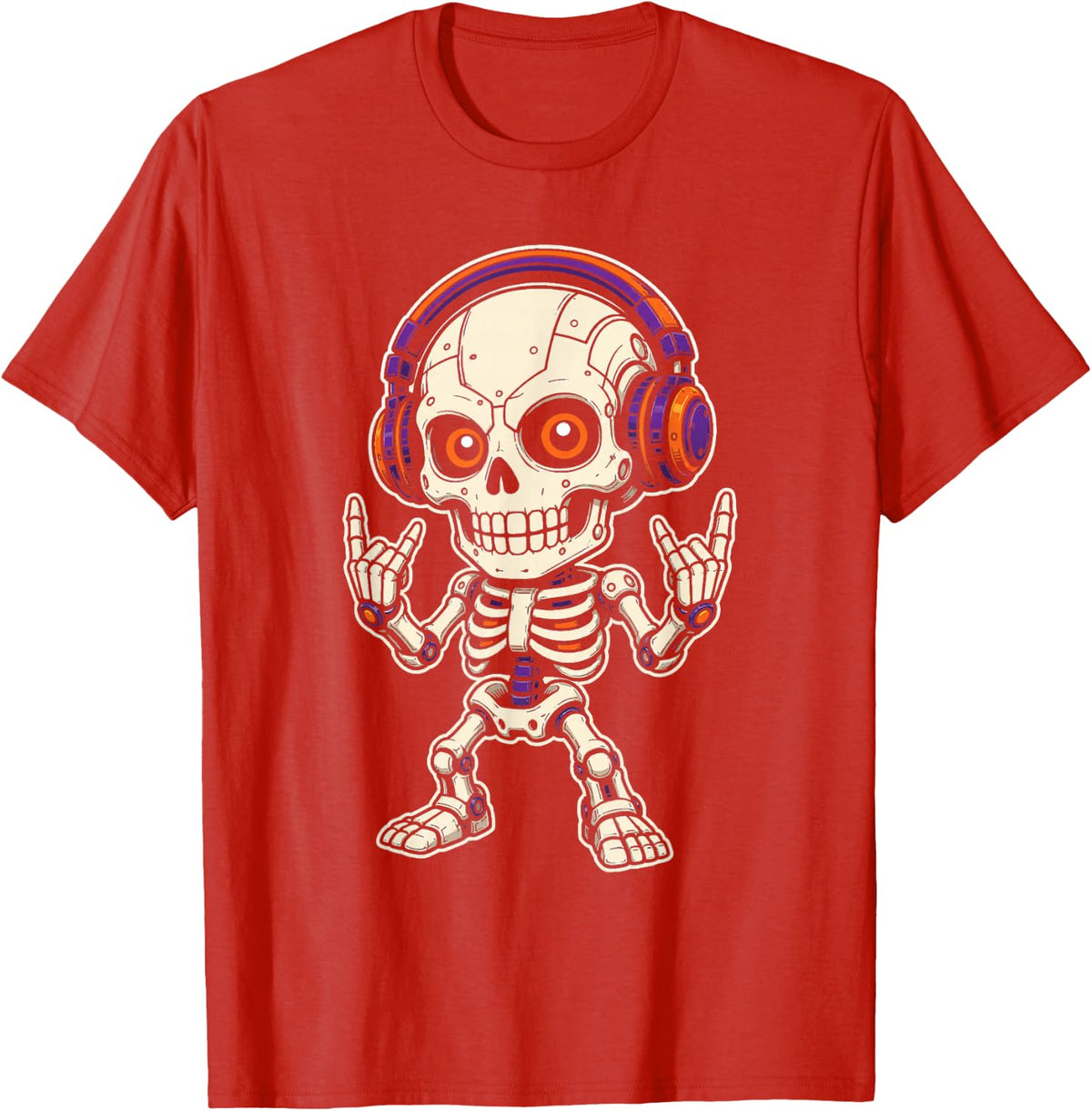 Halloween Robot Skull Headphones Rock Music Spooky T-Shirt - Red