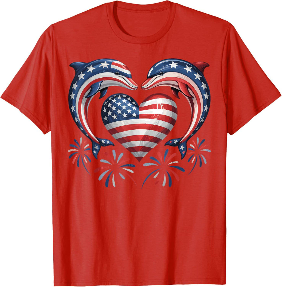 Patriotic Dolphin Heart Fireworks USA Flag 4th of July T-Shirt - Red