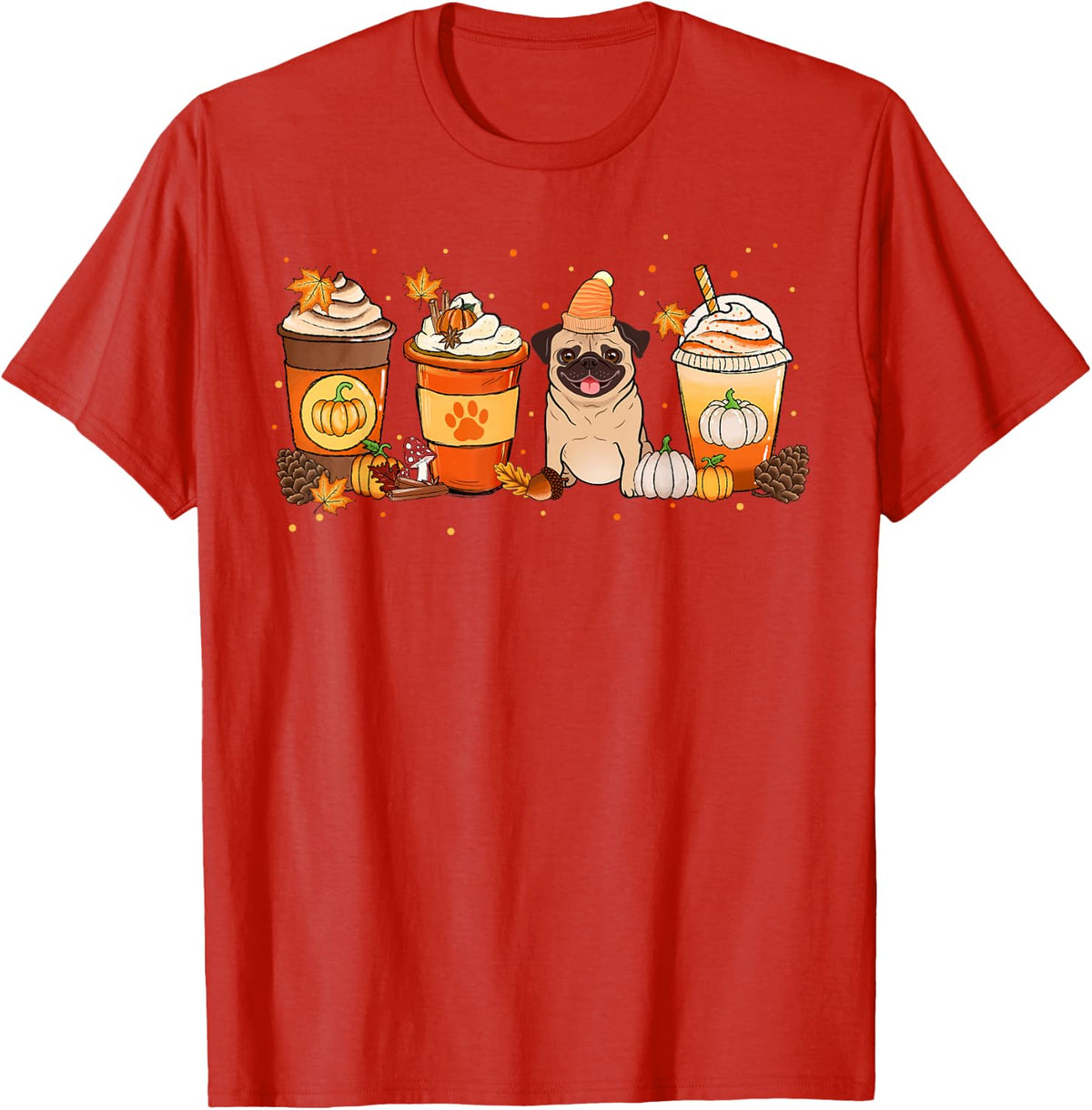 Pumpkin Spice Latte Pug Fall Autumn Tees T Shirts Thanksgiving - Red