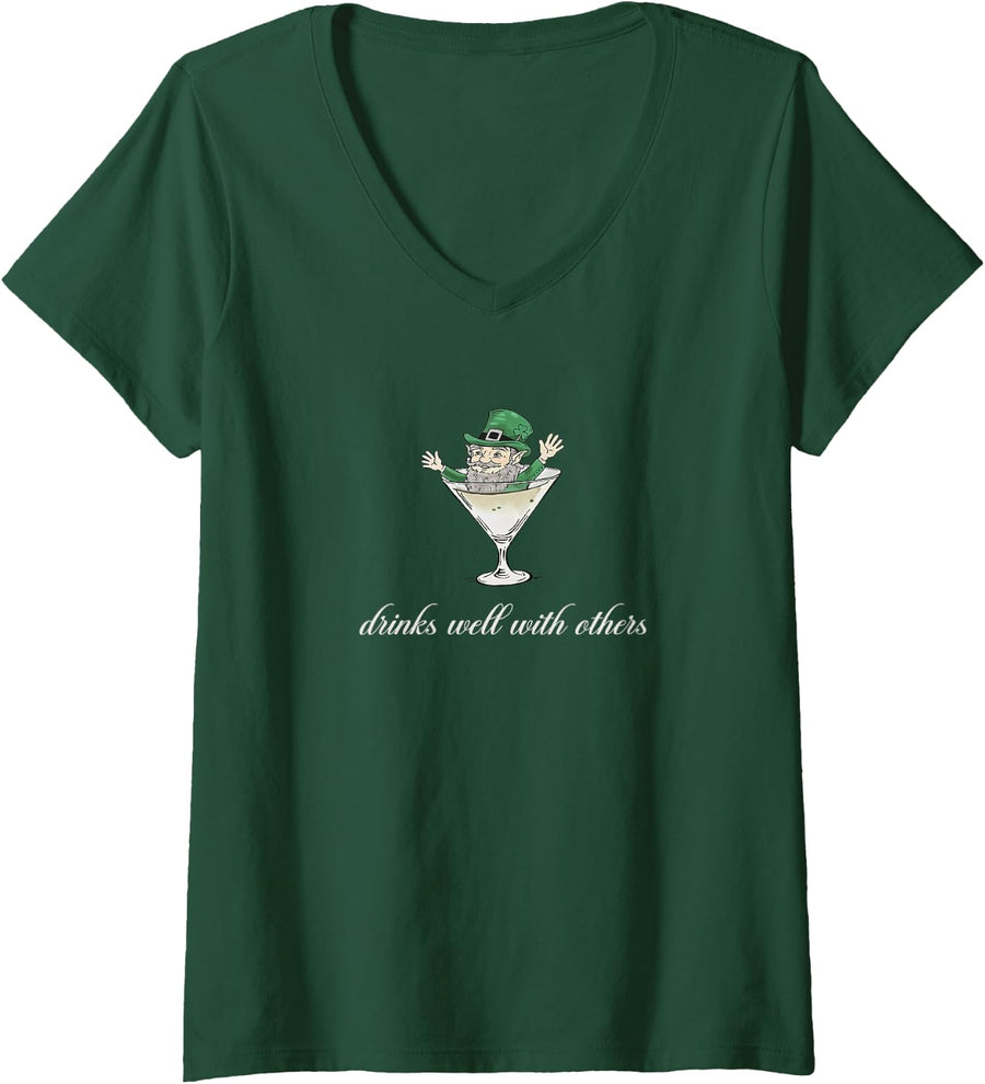 Womens Drinks Well With Others Funny Leprechaun Martini Cocktail V-Neck T-Shirt - Dark Green