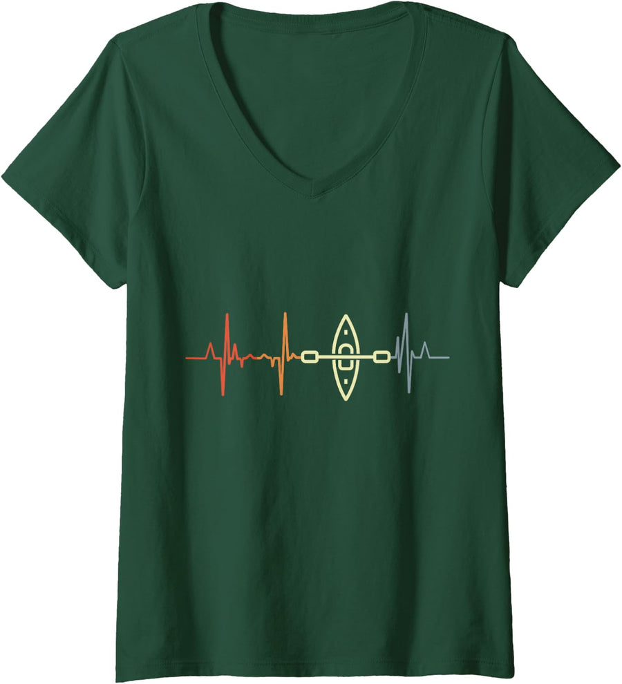 Women's My Heart Beats for Kayak ECG Vintage V-Neck T-Shirt - Dark Green