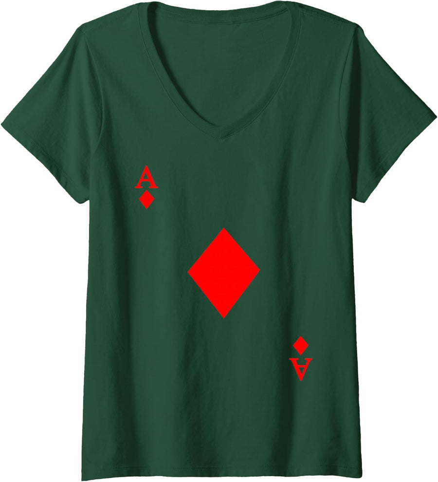 Women's Ace of Diamonds Halloween Playing Card Ace of Diamonds V-Neck T-Shirt - Dark Green