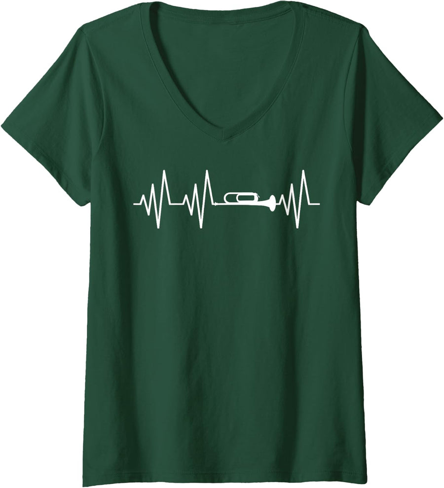 Women's Trumpet Heartbeat Love Trumpet Heartbeat V-Neck T-Shirt - Dark Green