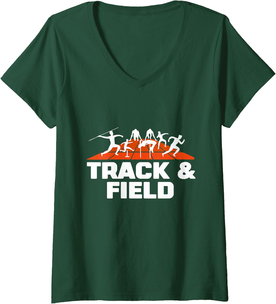Women's Track and Field Running Sprint Long Jump Coach Team Sport V-Neck T-Shirt - Dark Green