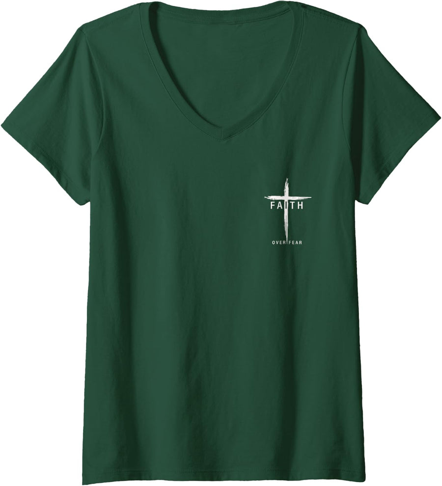 Womens Faith Fear Christian Cross Jesus Christ Men Women Christians V-Neck T-Shirt - Dark Green