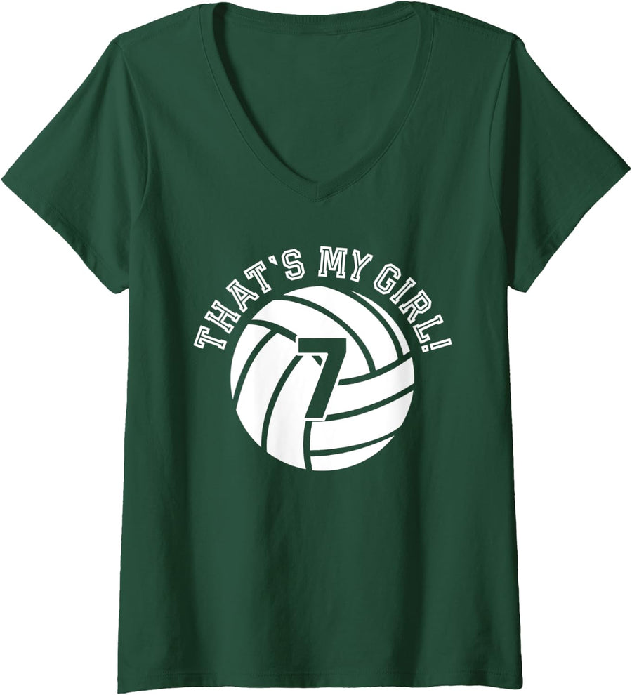 Womens Unique That's My Girl #7 Volleyball Player Mom or Dad Gifts V-Neck T-Shirt - Dark Green