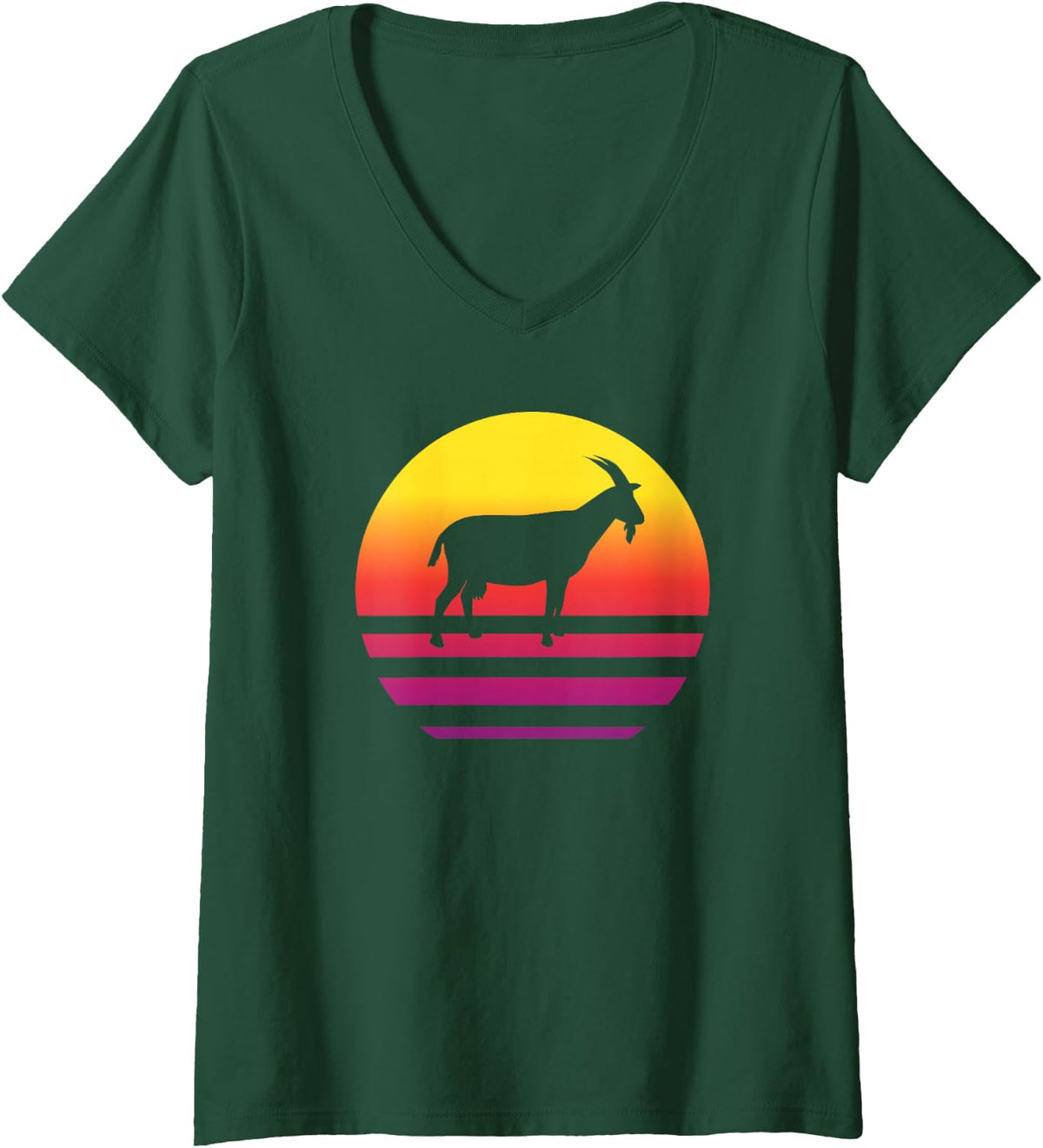 Women's Vintage Goat Retro Sunset Goat Lover Graphic Men Women V-Neck T-Shirt - Dark Green