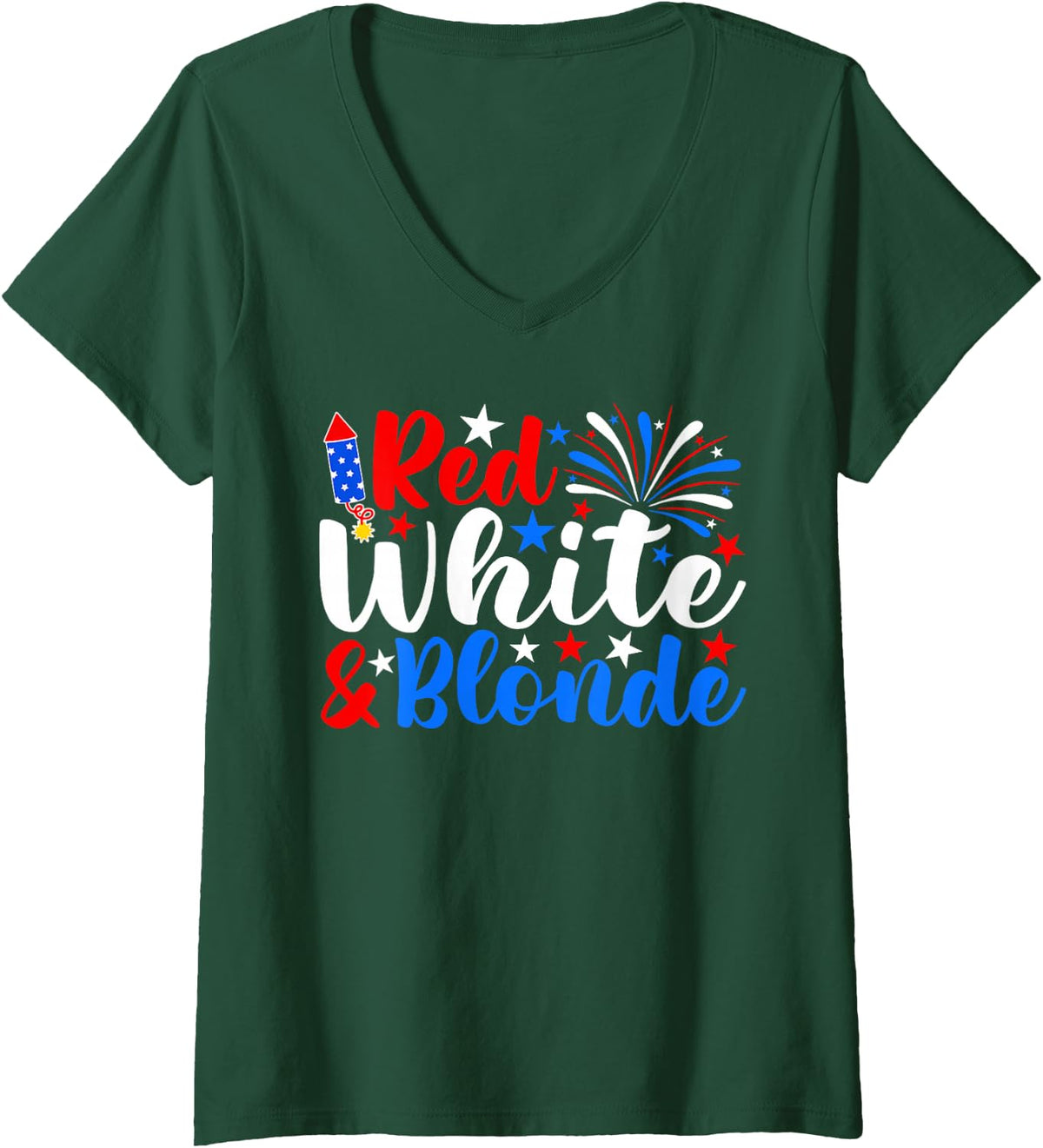 Womens Red White And Blonde Funny 4th Of July Patriotic V-Neck T-Shirt - Dark Green