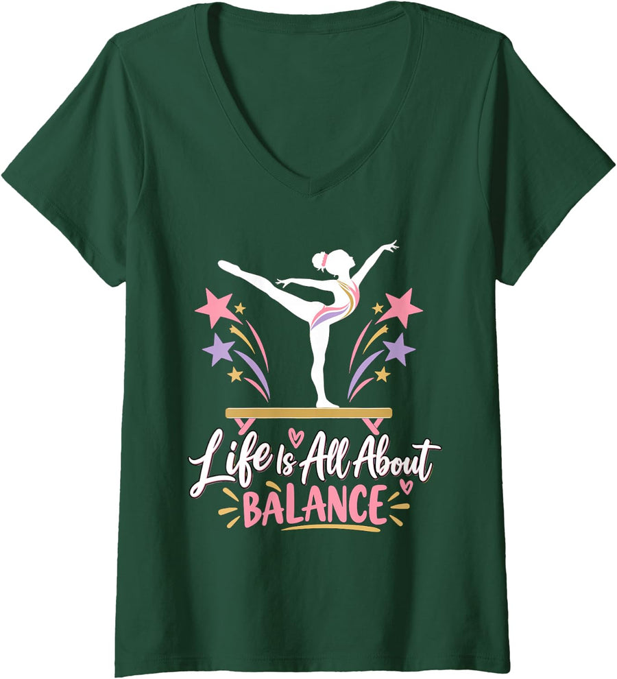 Women's Funny Gymnastics Life is All About Balance for Women Gymnast V-Neck T-Shirt - Dark Green