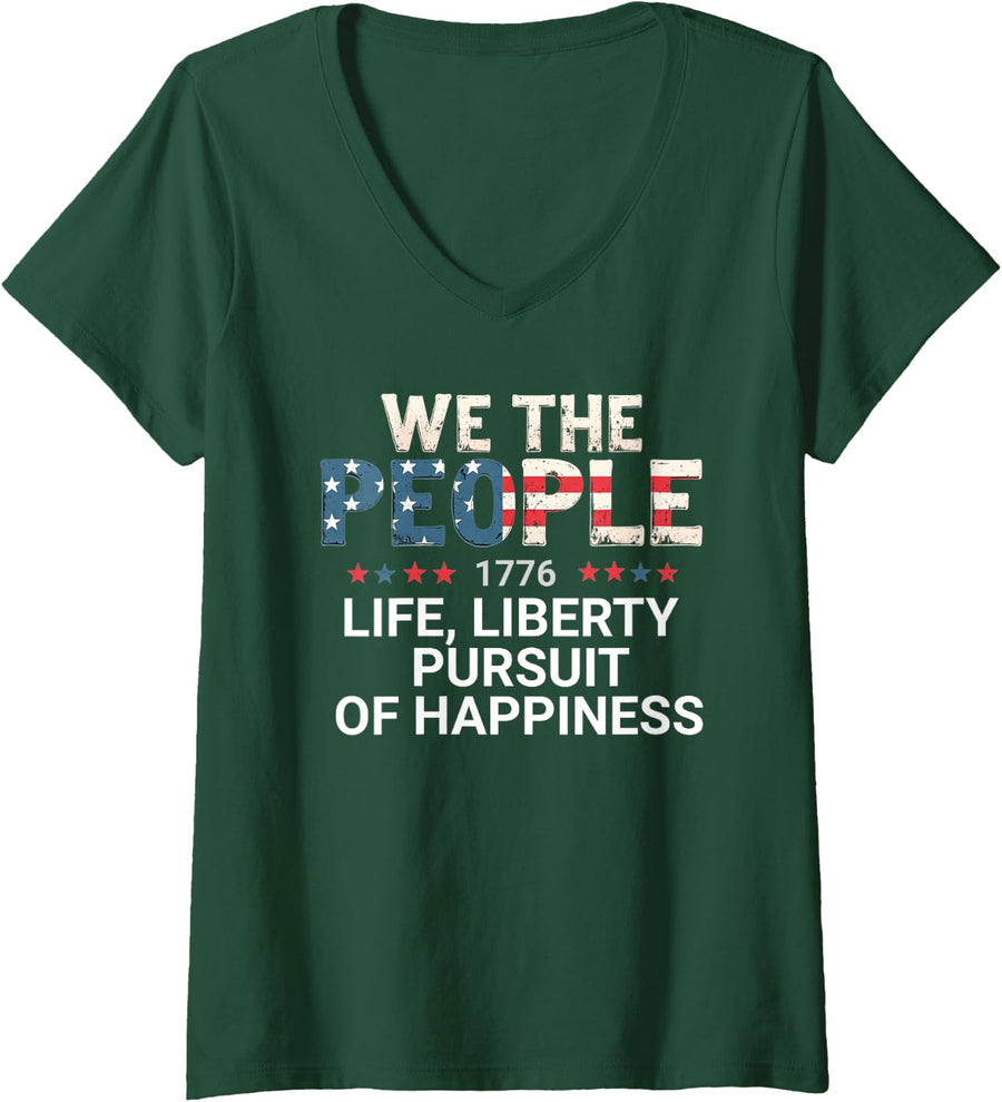 Womens 1776 Life Liberty Pursuit of Happiness Patriotic Graphic USA V-Neck T-Shirt - Dark Green