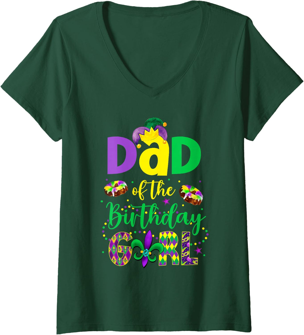 Women's Dad of the Birthday Girl Shirt Mardi Gras Daddy Papa V-Neck T-Shirt - Dark Green