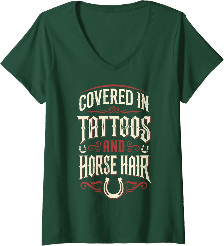 Women's Covered in Tattoos and Horse Hair V-Neck T-Shirt - Dark Green