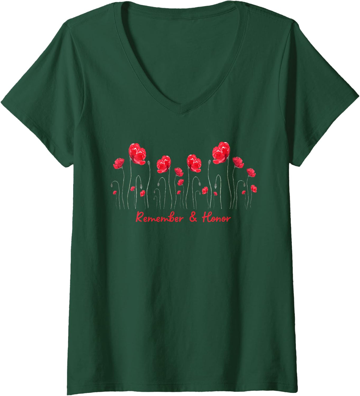 Women's Veterans Day 2026 USA Memorial Day Red Poppy Flower Military V-Neck T-Shirt - Dark Green