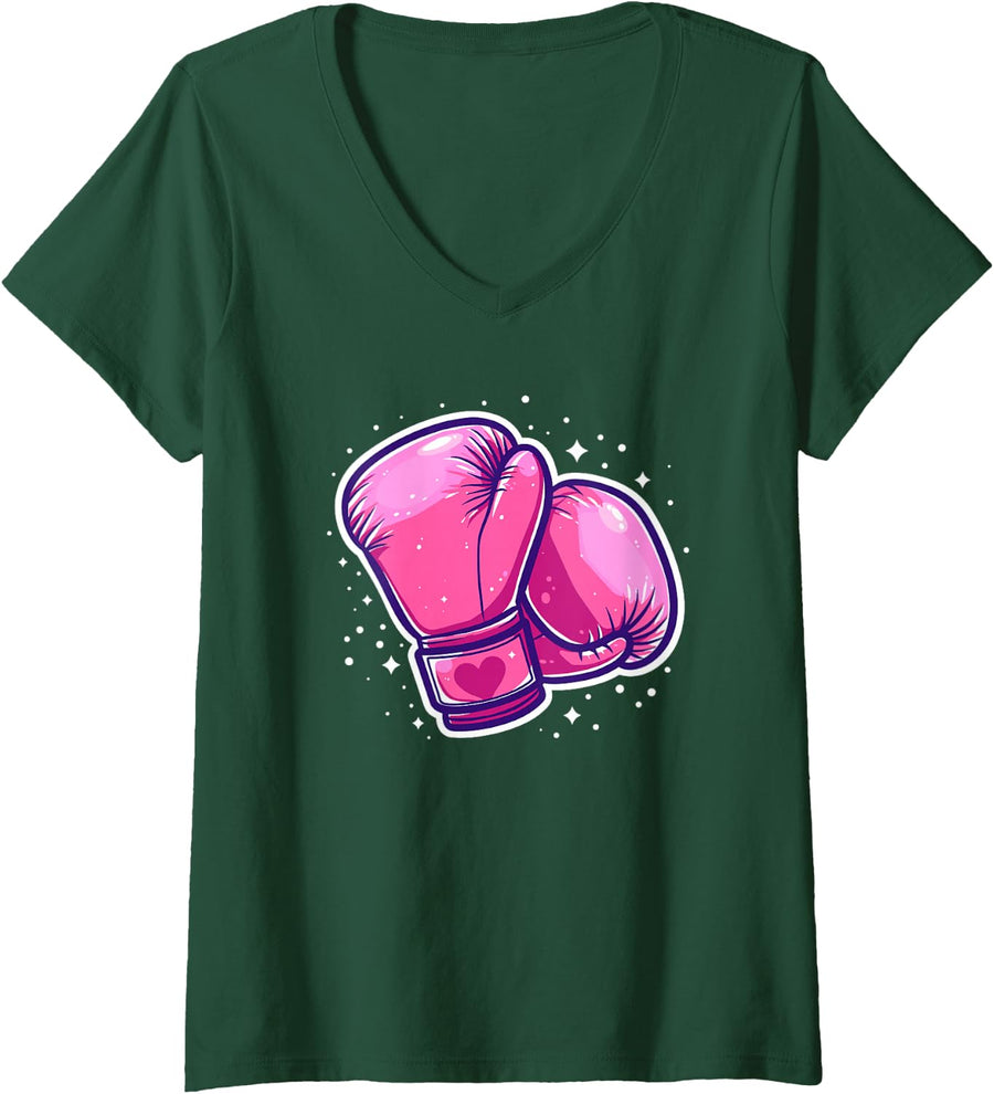 Women's Boxing Gloves Graphic Knockout V-Neck T-Shirt - Dark Green