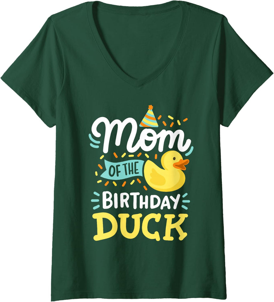 Women's Mom Of The Birthday Duck Boy Rubber Duck Bday Family V-Neck T-Shirt - Dark Green