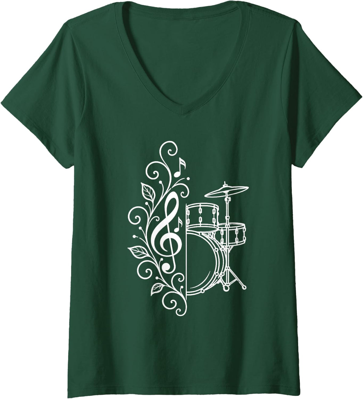 Women's Drummer Floral Drum Set White Clef Percussionist Musician V-Neck T-Shirt - Dark Green