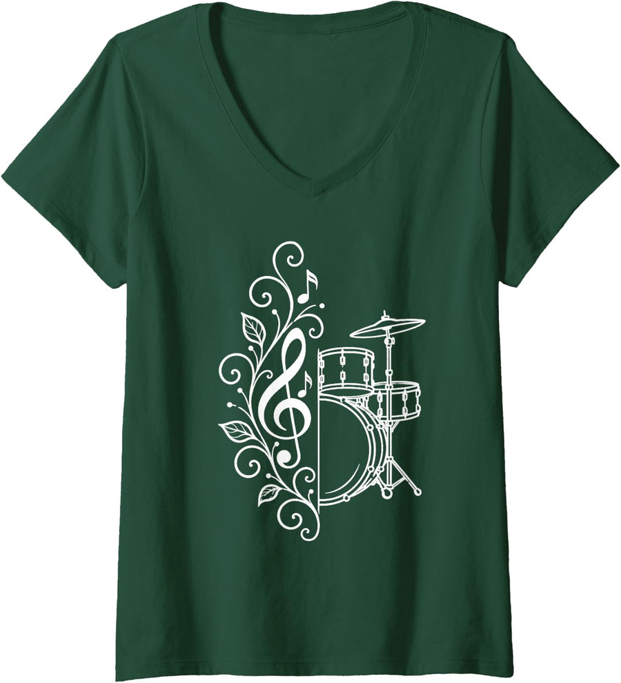 Women's Drummer Floral Drum Set White Clef Percussionist Musician V-Neck T-Shirt - Dark Green