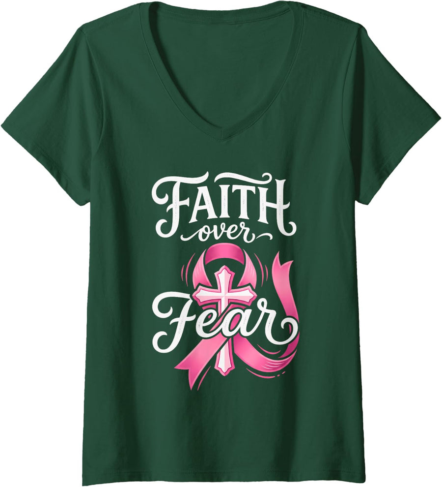 Women's Faith Over Fear Pink Ribbon Cross Breast Cancer Awareness V-Neck T-Shirt - Dark Green